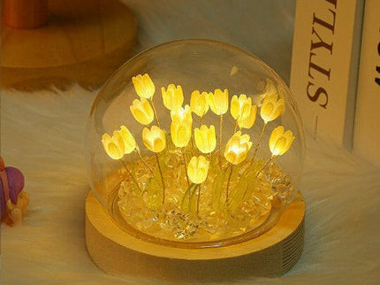 Ten Yellow Tulips Glowing Tulip Dome Lamp Wooden Base Bedside Table Decoration.