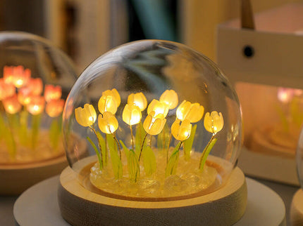 Ten Yellow Tulips Glowing Tulip Dome Lamp Wooden Base Bedside Table Decoration.