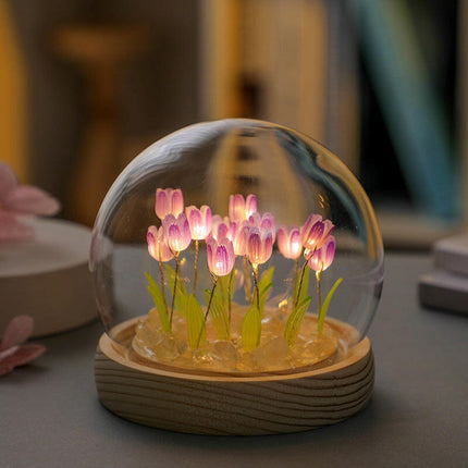 Ten Purple Tulips Glowing Tulip Dome Lamp Wooden Base Bedside Table Decoration.