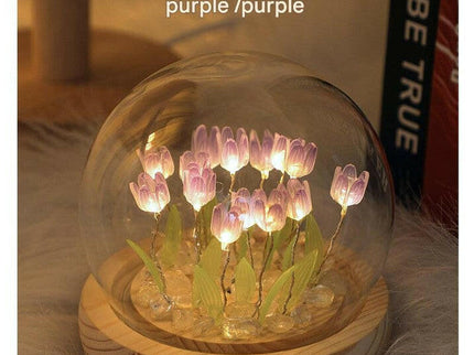 Ten Purple Tulips Glowing Tulip Dome Lamp Wooden Base Bedside Table Decoration.