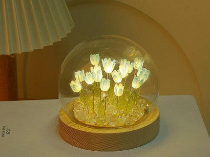 Sixteen Blue Tulips Glowing Tulip Dome Lamp Wooden Base Bedside Table Decoration.