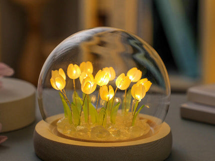 Sixteen Yellow Tulips Glowing Tulip Dome Lamp Wooden Base Bedside Table Decoration.