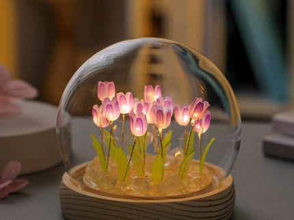 (Sixteen Purple Tulips) Glowing Tulip Dome Lamp -  Wooden Base, Bedside Table Decoration