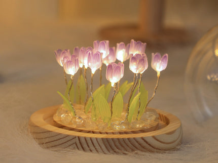 (Sixteen Purple Tulips) Glowing Tulip Dome Lamp -  Wooden Base, Bedside Table Decoration