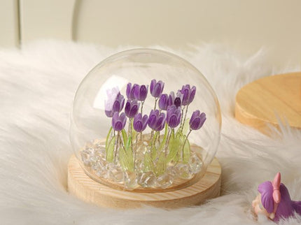 (Sixteen Purple Tulips) Glowing Tulip Dome Lamp -  Wooden Base, Bedside Table Decoration