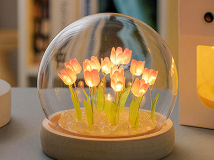 Sixteen Pink Tulips Glowing Tulip Dome Lamp Wooden Base Bedside Decor.