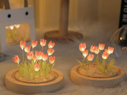 Sixteen Pink Tulips Glowing Tulip Dome Lamp Wooden Base Bedside Decor.