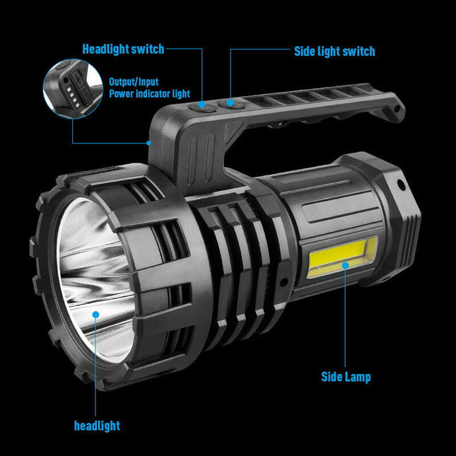 Black LED Searchlight Rechargeable Handheld Spotlight with 500m Range.