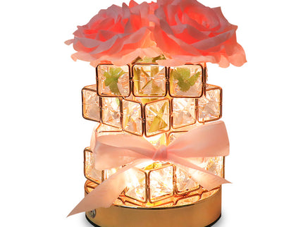 Pink Rose LED Crystal Flower Table Lamp - USB Rechargeable Touch Control Night Light