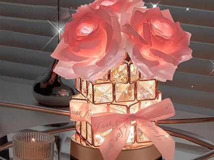 Pink Rose LED Crystal Flower Table Lamp - USB Rechargeable Touch Control Night Light