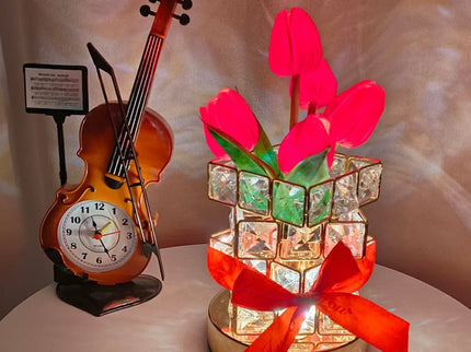 Red tulips LED Crystal Flower Table Lamp - USB Rechargeable Touch Control Night Light
