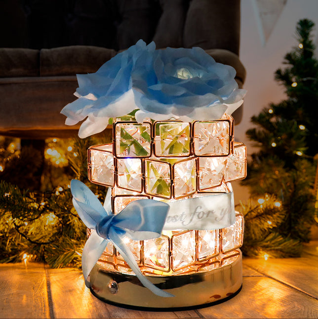 Blue Rose LED Crystal Flower Table Lamp - USB Rechargeable Touch Control Night Light