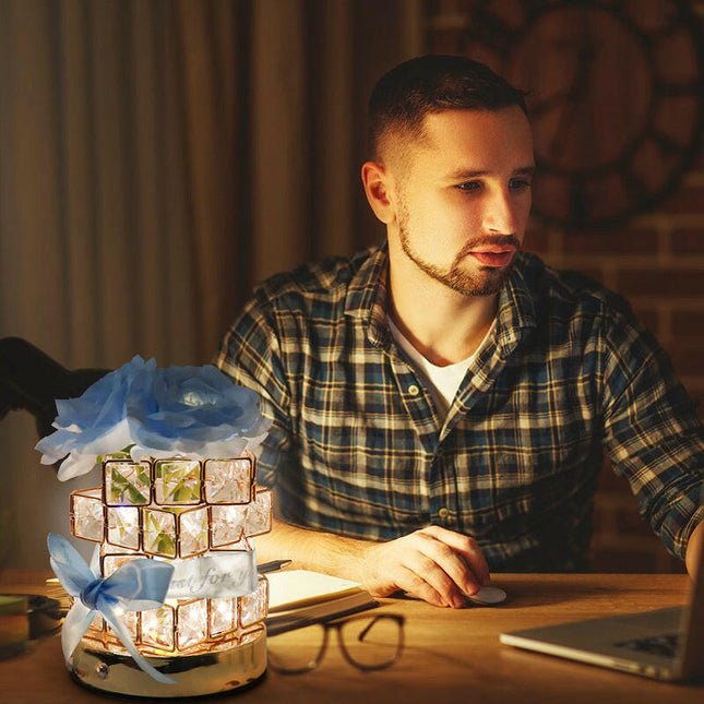Blue Rose LED Crystal Flower Table Lamp USB Rechargeable Touch Night Light.