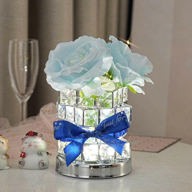 Blue Rose LED Crystal Flower Table Lamp USB Rechargeable Touch Night Light.