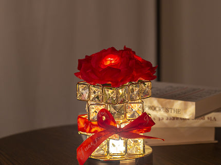 Red Rose LED Crystal Flower Table Lamp - USB Rechargeable Touch Control Night Light