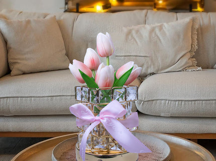 Pink tulips LED Crystal Flower Table Lamp - USB Rechargeable Touch Control Night Light