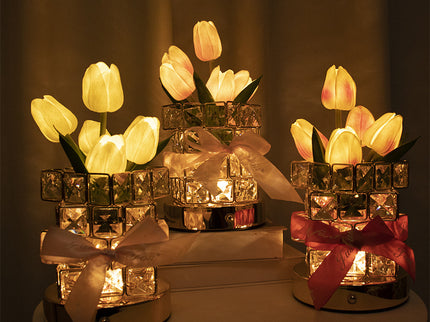White tulips LED Crystal Flower Table Lamp - USB Rechargeable Touch Control Night Light