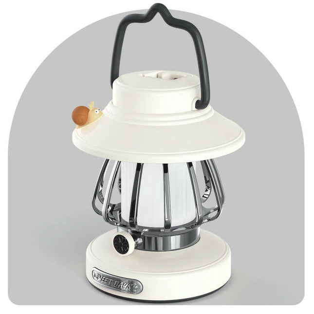 White Retro Snail Night Light Portable Rechargeable Camping Lantern with Hook 3-Color Dimming.
