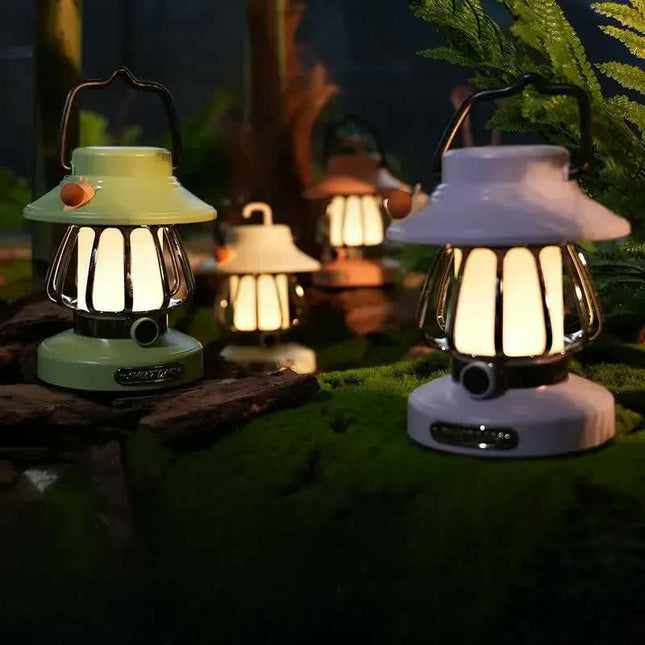 White Retro Snail Night Light Portable Rechargeable Camping Lantern with Hook 3-Color Dimming.