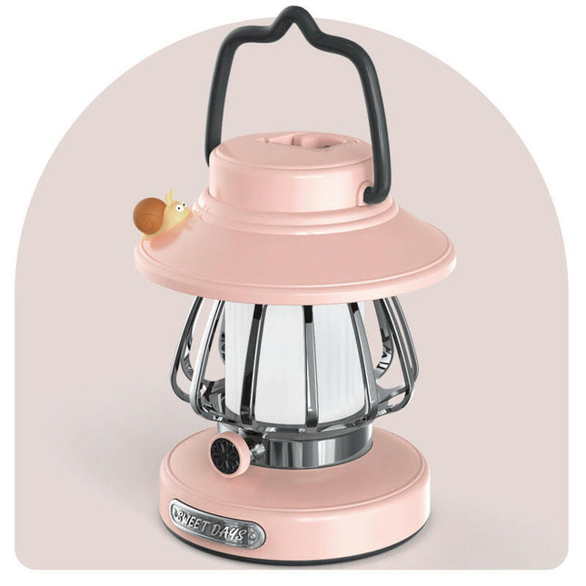 Pink Retro Snail Night Light Portable Rechargeable Camping Lantern with Hook 3-Color Dimming.