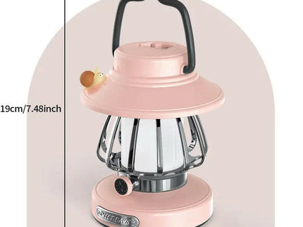 Pink Retro Snail Night Light Portable Rechargeable Camping Lantern with Hook 3-Color Dimming.