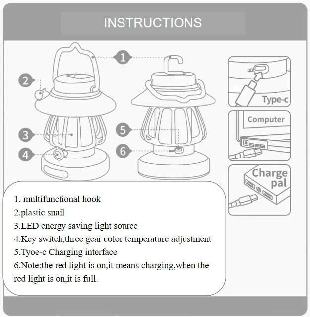 Pink Retro Snail Night Light Portable Rechargeable Camping Lantern with Hook 3-Color Dimming.
