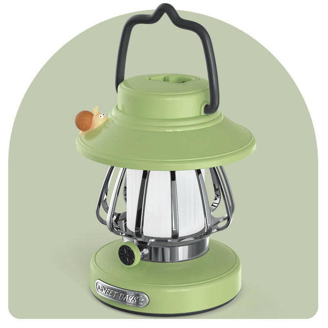 Green Retro Snail Night Light Portable Camping Lantern with Hook 3-Color Dimming.