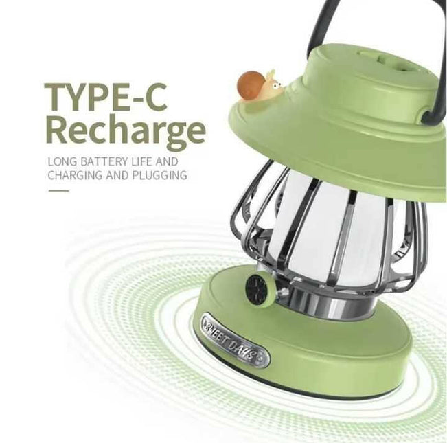 Green Retro Snail Night Light Portable Camping Lantern with Hook 3-Color Dimming.