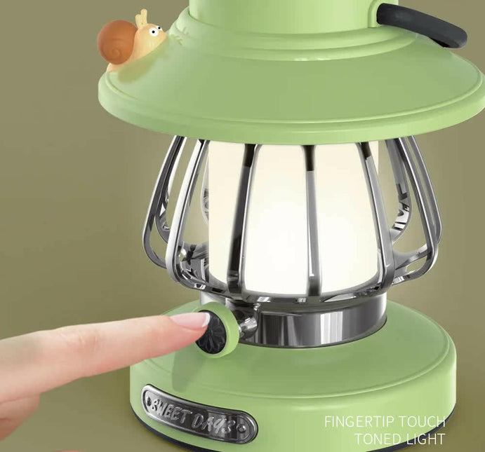Green Retro Snail Night Light Portable Camping Lantern with Hook 3-Color Dimming.
