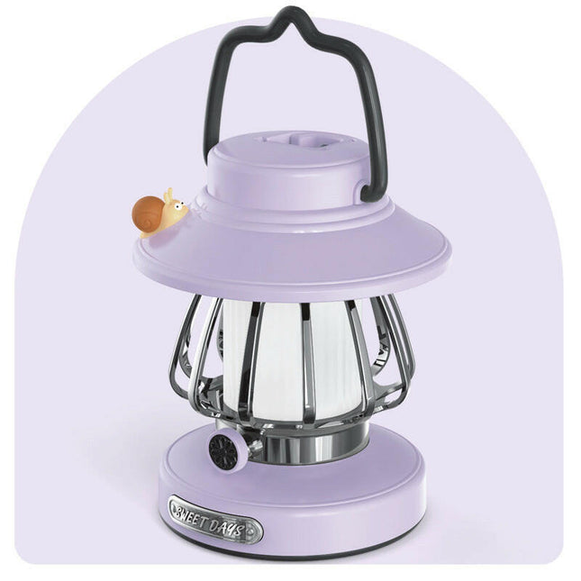 Purple Retro Snail Night Light Portable Rechargeable Camping Lantern with Hook 3-Color Dimming.