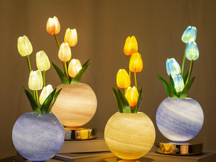 Pink Tulip Night Light with Realistic Bouquet Dreamy Planet LED Mood Lamp for Bedroom Decor.