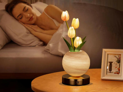 Pink Tulip Night Light with Realistic Bouquet Dreamy Planet LED Mood Lamp for Bedroom Decor.