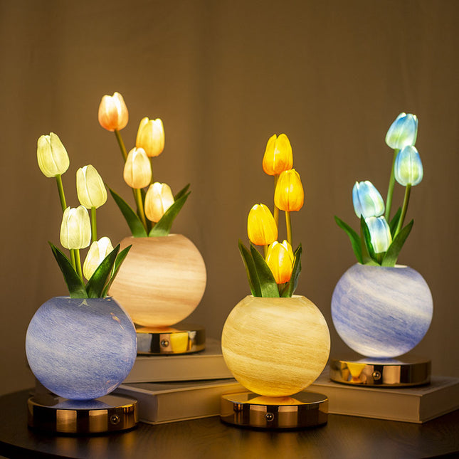 Blue Tulip Night Light with Realistic Bouquet - Dreamy Planet LED Mood Lamp for Bedroom Decor with 3-Color Touch Dimming