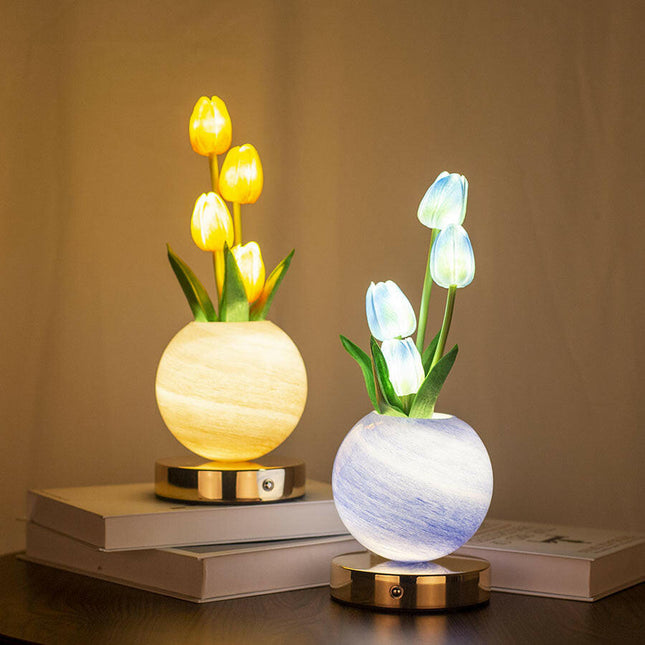 Blue Tulip Night Light with Realistic Bouquet - Dreamy Planet LED Mood Lamp for Bedroom Decor with 3-Color Touch Dimming.