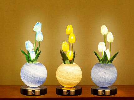 Blue Tulip Night Light with Realistic Bouquet - Dreamy Planet LED Mood Lamp for Bedroom Decor with 3-Color Touch Dimming.