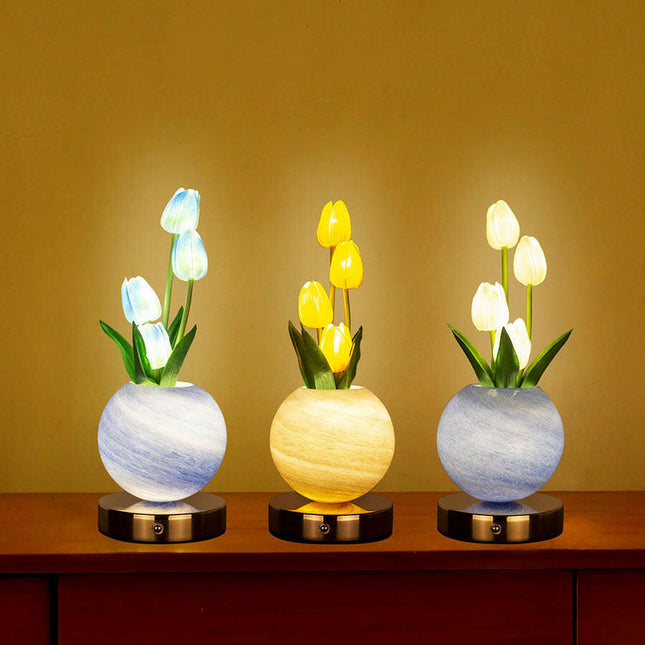 Blue And White Tulip Night Light with Realistic Bouquet - LED Mood Lamp for Bedroom Decor.
