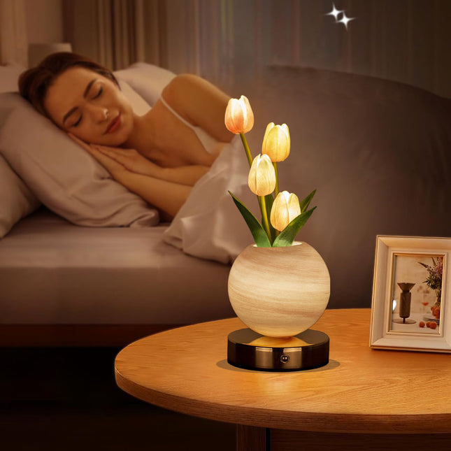 Blue And White Tulip Night Light with Realistic Bouquet - Dreamy Planet LED Mood Lamp for Bedroom Decor with 3-Color Touch Dimming