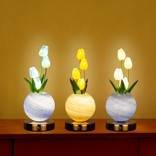 Yellow Tulip Night Light with Realistic Bouquet - Dreamy Planet LED Mood Lamp for Bedroom Decor with 3-Color Touch Dimming