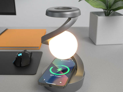 Grey-Black Modern Levitating LED Desk Lamp with Wireless Charger Spiral Atmosphere Light.