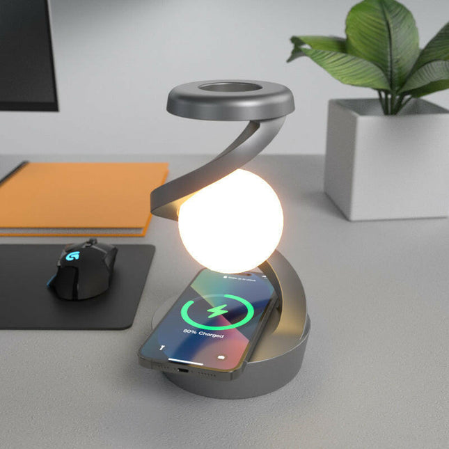 Grey-Black Modern Levitating LED Desk Lamp with Wireless Charger Spiral Atmosphere Light.