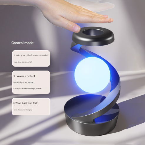 Grey-Black Modern Levitating LED Desk Lamp with Wireless Charger Spiral Atmosphere Light.