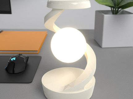 White Modern Levitating LED Desk Lamp with Wireless Phone Charger Spiral Atmosphere Light.