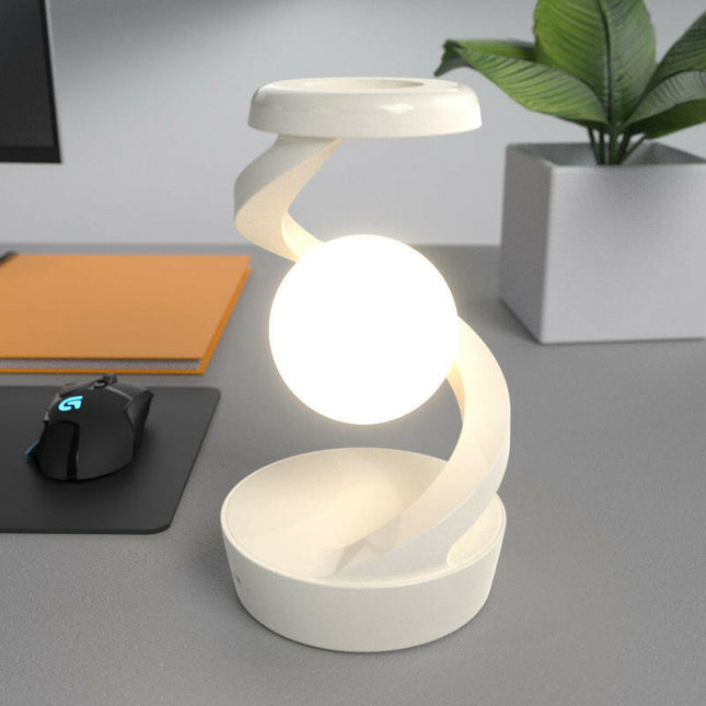 White Modern Levitating LED Desk Lamp with Wireless Phone Charger Spiral Atmosphere Light.
