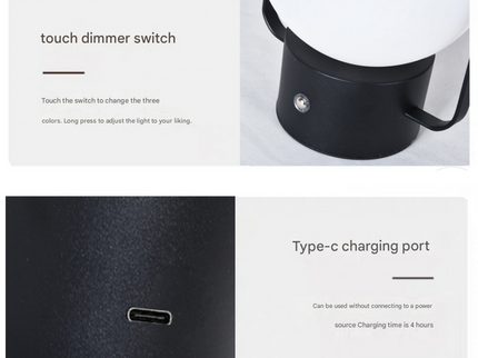Black Portable Rechargeable LED Lantern Lamp Touch Control 3-Color Dimmable Desk Light.