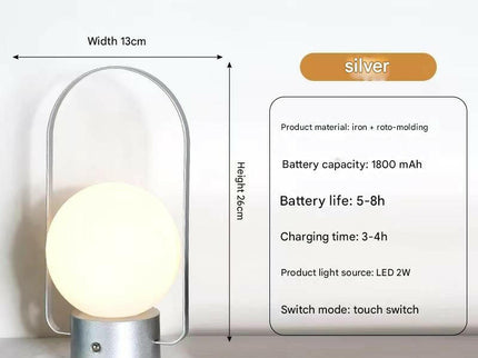 Silver Portable Rechargeable LED Lantern Lamp Touch Control 3-Color Dimmable Desk Light.