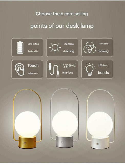 White Portable Rechargeable LED Lantern Lamp Touch Control 3-Color Dimmable Desk Light.