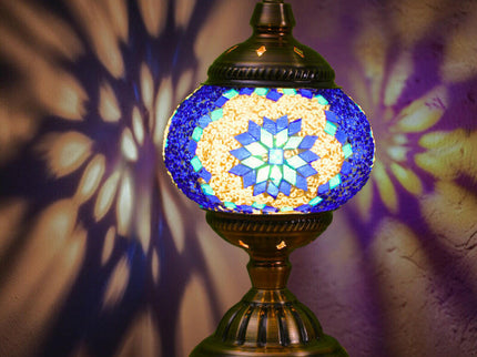 Blue Exotic Mosaic Table Lamp Handmade Turkish Moroccan Style 3-Color LED.
