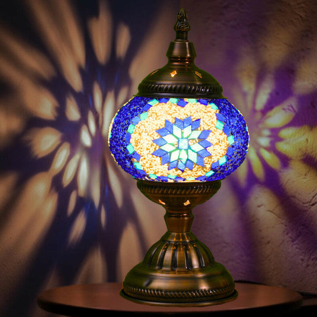 Blue Exotic Mosaic Table Lamp Handmade Turkish Moroccan Style 3-Color LED.