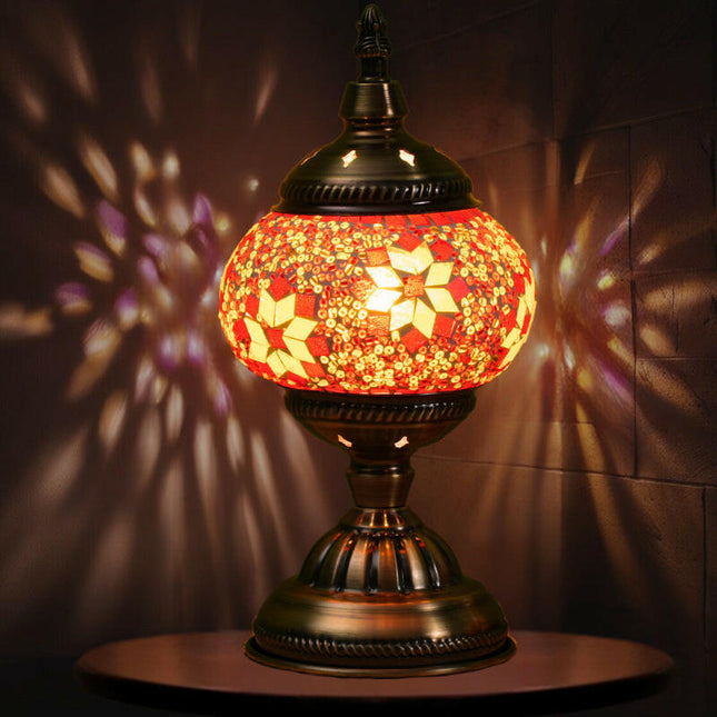 Red Exotic Mosaic Table Lamp Handmade Turkish Moroccan Style 3-Color LED.