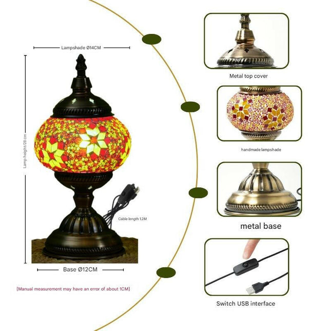 Red Exotic Mosaic Table Lamp Handmade Turkish Moroccan Style 3-Color LED.